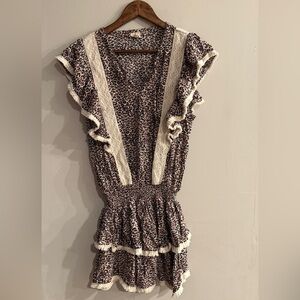 SURF GYPSY Women's Leopard Print Flutter Sleeve V-Neck Tiered Ruffle Mini Dress